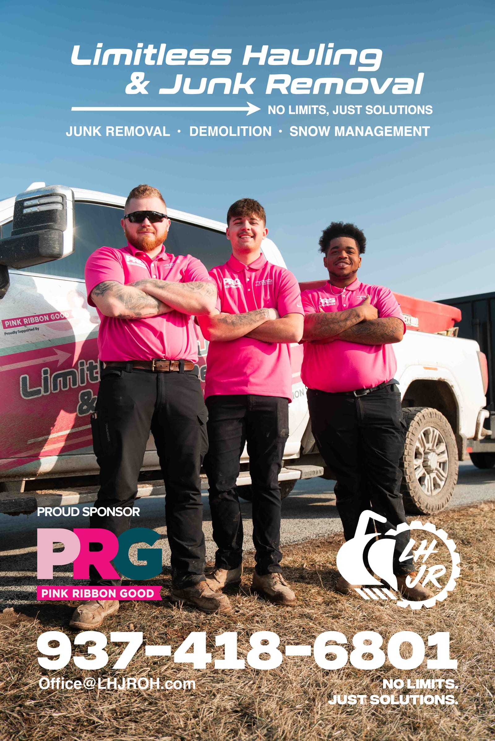 Three members of the Limitless crew in branded shirts beside a company truck
